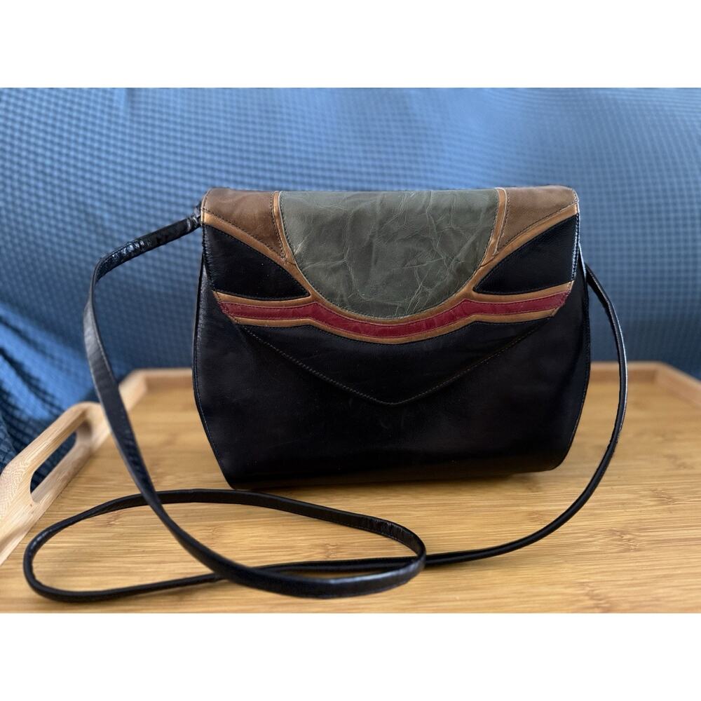 Vintage 80s/90s Black Leather Shoulder Bag Clutch Patchwork Detail